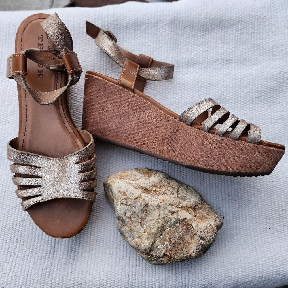 Trask anthropologie metallic platform sandals
